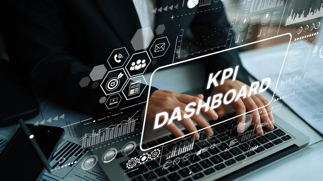 Business professional analyzing data on a KPI dashboard with modern technology and digital graphics in a corporate office setting. Asymptotic smart data analytic.