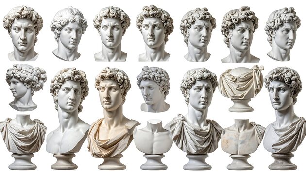 Collection of Ancient Roman Busts Sculptures Isolated on a White Background
