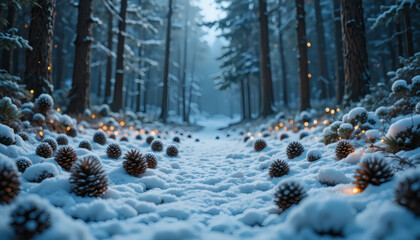 Winter holiday background with snow-covered pine cones and fairy lights, copy space