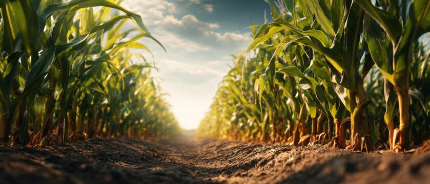 Cornfield rows with sunlight in agricultural farm
