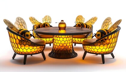 Unique bee inspired dining table with illuminated honeycomb seating high resolution image