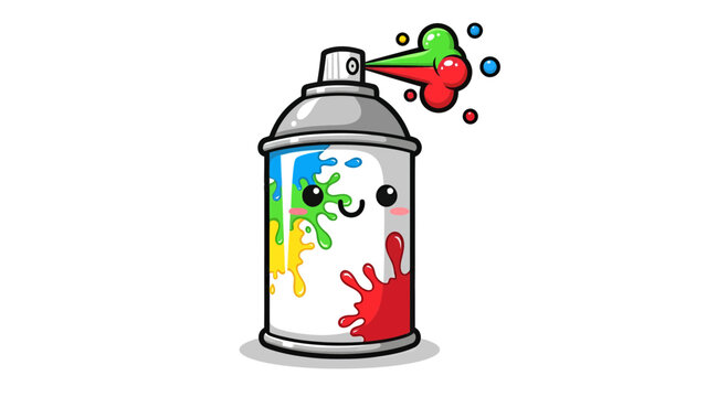Adorable spray paint can with a kawaii face exudes playful vibrancy on a white backdrop