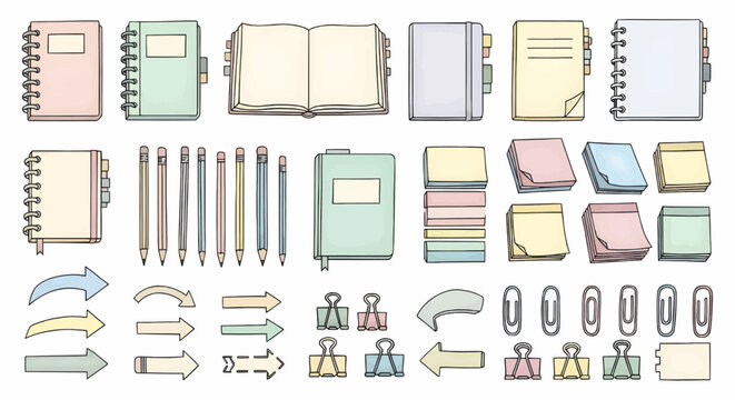 Hand-drawn stationery icons featuring notebooks, agendas, pencils, markers, sticky notes, and office supplies for study and organization themes