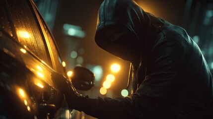 A hooded figure in dark clothing leans against a car, shrouded in shadows and illuminated by urban lights.