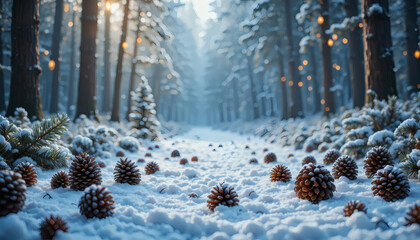 Winter holiday background with snow-covered pine cones and fairy lights, copy space