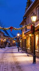 Picturesque old village street covered in fresh snow at twilight, illuminated by warm festive lights and traditional holiday decorations, house, night, atmosphere