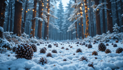 Winter holiday background with snow-covered pine cones and fairy lights, copy space