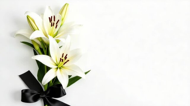 Funeral flowers with a black ribbon on a white background. Vertical sympathy card for expressing condolences and remembrance. Copy space for text