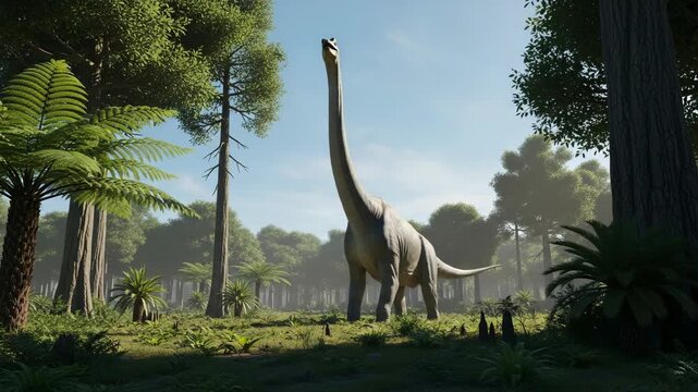 A giant Brachiosaurus dinosaur eating from a tall tree in a prehistoric forest. Realistic 3D animation of a sauropod in a lush Jurassic jungle. Ancient world and paleontology concept