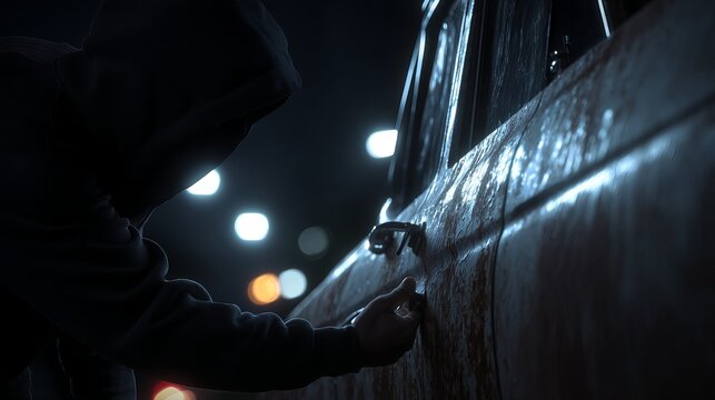 Fototapeta A hooded figure inspecting a vintage car at night, surrounded by city lights, creating a moody and mysterious atmosphere.