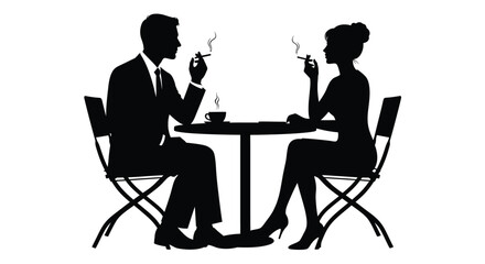 Silhouette of a couple seated at a table smoking and enjoying coffee