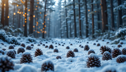 Winter holiday background with snow-covered pine cones and fairy lights, copy space