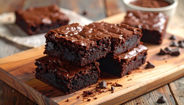 Delicious chocolate brownies on wooden board, perfect for dessert or snack