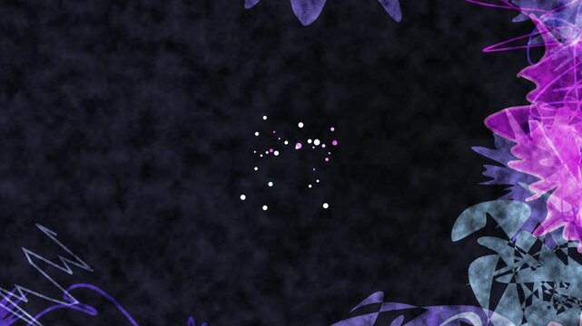 Abstract dark background with scattered glowing particles and a purple amorphous shape on the right