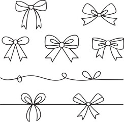 A collection of hand drawn ribbon bows and decorative lines in black and white art