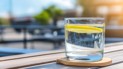 Refreshing water glass with lemon slice on wooden table outdoors sunny day - Powered by Adobe