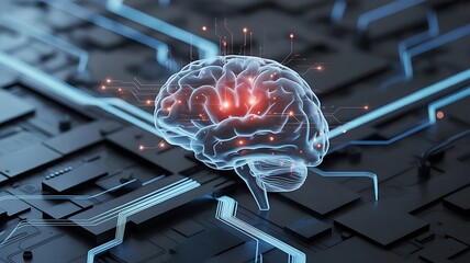 Glowing translucent brain with red hot spots on circuit board background artificial intelligence