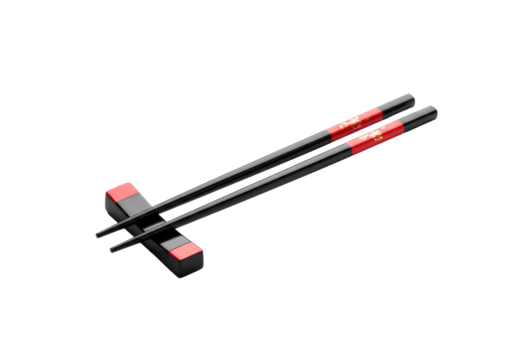 Premium glossy black chopsticks with vibrant crimson red bands, diagonally on a transparent background with ample copy space, soft shadows, high-key studio light. Concept of modern Asian dining - Powered by Adobe