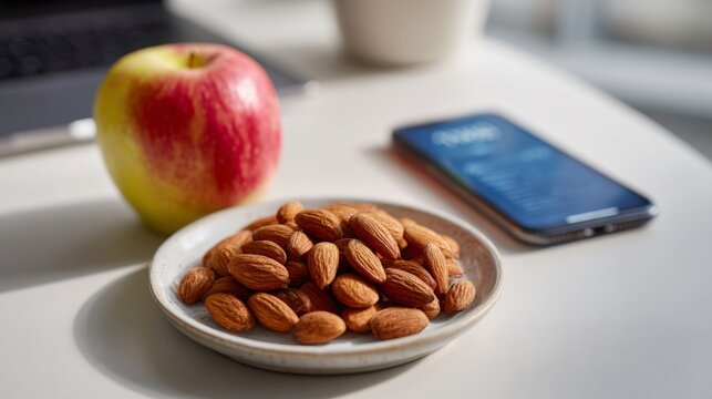 A vibrant red apple beside a plate of almonds, with a smartphone displaying the time in a modern workspace setting.