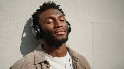 A young Black man enjoying music with his eyes closed, wearing headphones against a sunlit wall.