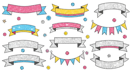Collection of whimsical illustrated banners and garlands, perfect for celebratory designs or