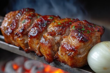 Grilled pork shashlik skewers sizzling on a metal mangal grill, showcasing juicy meat, vibrant herbs, and smoky flavors, perfect for outdoor gatherings and culinary delights