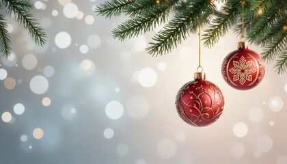 3D render of Christmas ornaments hanging over soft gradient background, elegant composition
