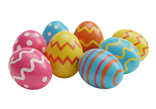 Seven glossy, hand-decorated Easter eggs with vibrant patterns (polka dots, wavy lines, zigzags) in pink, yellow, blue, red on a transparent background, high-key studio lighting, joyful Easter