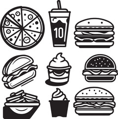 Black silhouette Fast Food icons Burger fries drink etc vector on white background 
