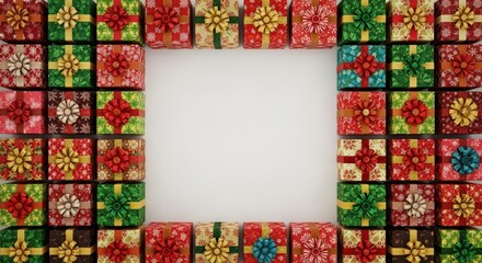A repetitive pattern of identical holiday gift boxes wrapped in festive paper, suggesting the endless cycle of seasonal giving and routine, cycle, repeating pattern, gifts