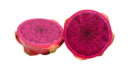 Two halves of a vibrant red dragon fruit isolated on transparent background