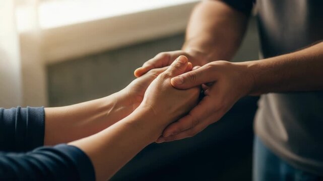 Close-up of a man holding a woman's hands. Providing comfort and support during a difficult time. Empathy and compassion concept
