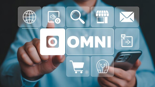 Omni channel concept. Person with omni channel icons for business and social media marketing. business strategies to increase access to online shopping and marketing.