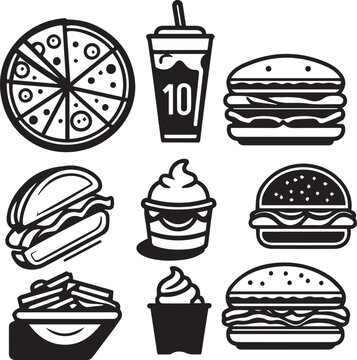 Black silhouette Fast Food icons Burger fries drink etc vector on white background 