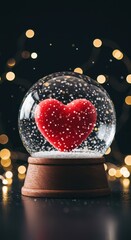 A romantic red heart enclosed within a glass snow globe, surrounded by falling white snowflakes and sparkling bokeh lights, snow, close up, festive