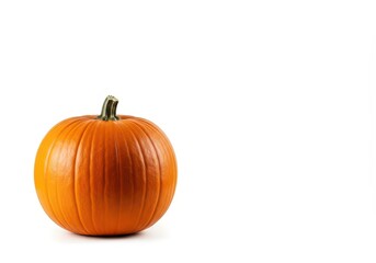 A single bright orange autumn pumpkin sitting perfectly isolated on a crisp white seamless background, perfect for holiday marketing needs, harvest, studio shot, food