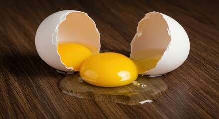A single raw white egg cracked open, showing the bright yellow yolk and clear albumen spilling onto a rustic wooden surface, bright, white, texture