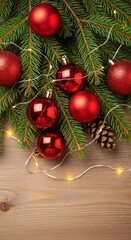 Close-up view of festive winter holiday evergreen branches decorated with sparkling red ornaments and warm glowing string lights on a wooden background, december, border, rustic