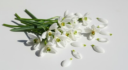 Delicate white snowdrop flowers arranged as a fresh spring bouquet with scattered petals on a pure white surface, new, minimalist, soft focus
