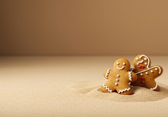 Delicious holiday gingerbread cookies resting on a textured, light brown sandy surface, suggesting a tropical or desert atmosphere, summer, background, macro