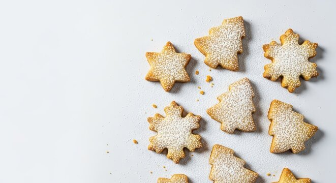 Delicious homemade buttery shortbread biscuits cut into festive holiday shapes, dusted with sugar and beautifully arranged for a seasonal celebration, tree, dessert, dusting