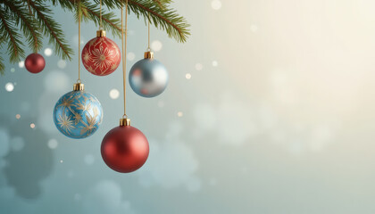 3D render of Christmas ornaments hanging over soft gradient background, elegant composition