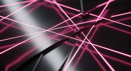 Abstract neon pink laser beams creating geometric patterns on dark metal. illustration