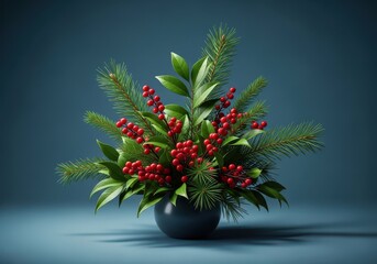 Festive winter foliage arrangement featuring elegant emerald leaves, deep crimson berries, and natural pine branches creating a tranquil seasonal setting, christmas, festive, background