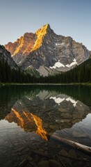 Golden hour light illuminating majestic mountains reflected perfectly in a serene, crystal clear alpine lake and vast tranquil nature ,light ,exploration ,beauty