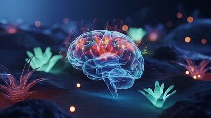Glowing transparent brain with network connections and alien plants human brain luminous