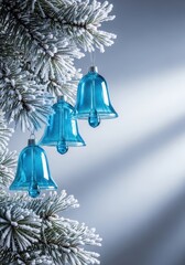 Icy blue glass bell ornaments hang delicately on frosted pine boughs, creating a unique and elegant seasonal holiday background scene, happy, background, new year