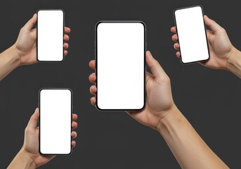 Isolated collection of hands holding sleek mobile smart devices with completely blank touch screens for user interface mockup placement, communication, holding, gadget