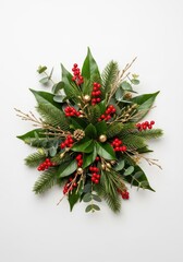 Lush, leafy holiday arrangement featuring deep green botanical elements, bright red berries, and subtle golden accents creating a festive winter design, greenery, texture, berry