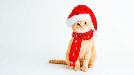 A ginger cat wearing a red Christmas hat and a red scarf with white snowflakes.